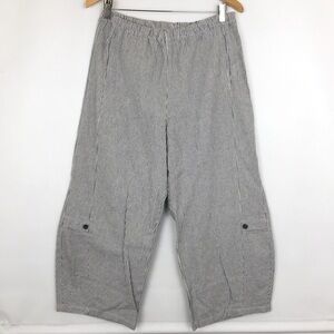 Women’s Linen Blend Blue & White Strip Wide Barrel Leg Pants High Rise Nautical